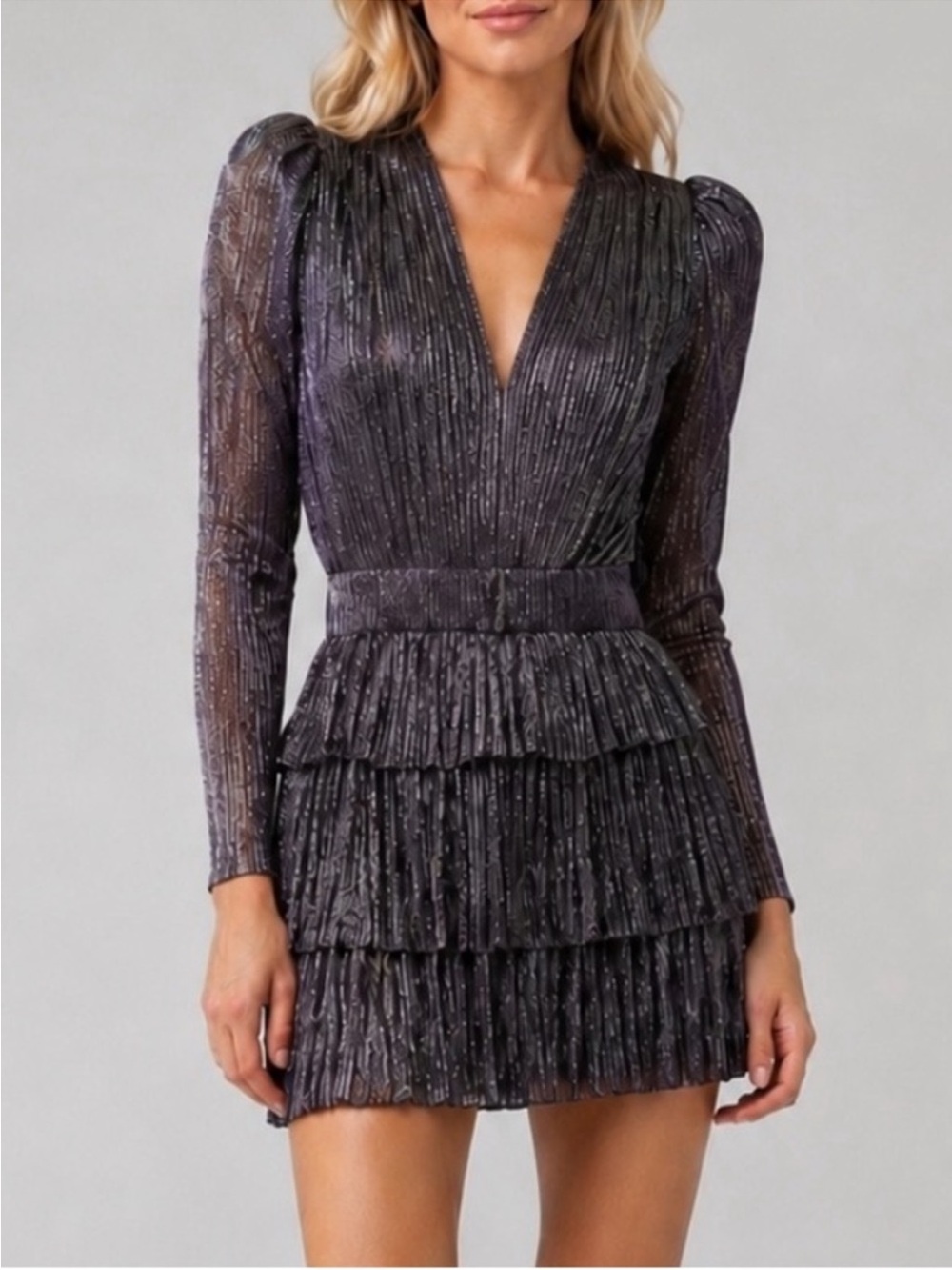 Sabina Musayev Carry Metallic Pleated Tiered Mini Dress Purple 57052